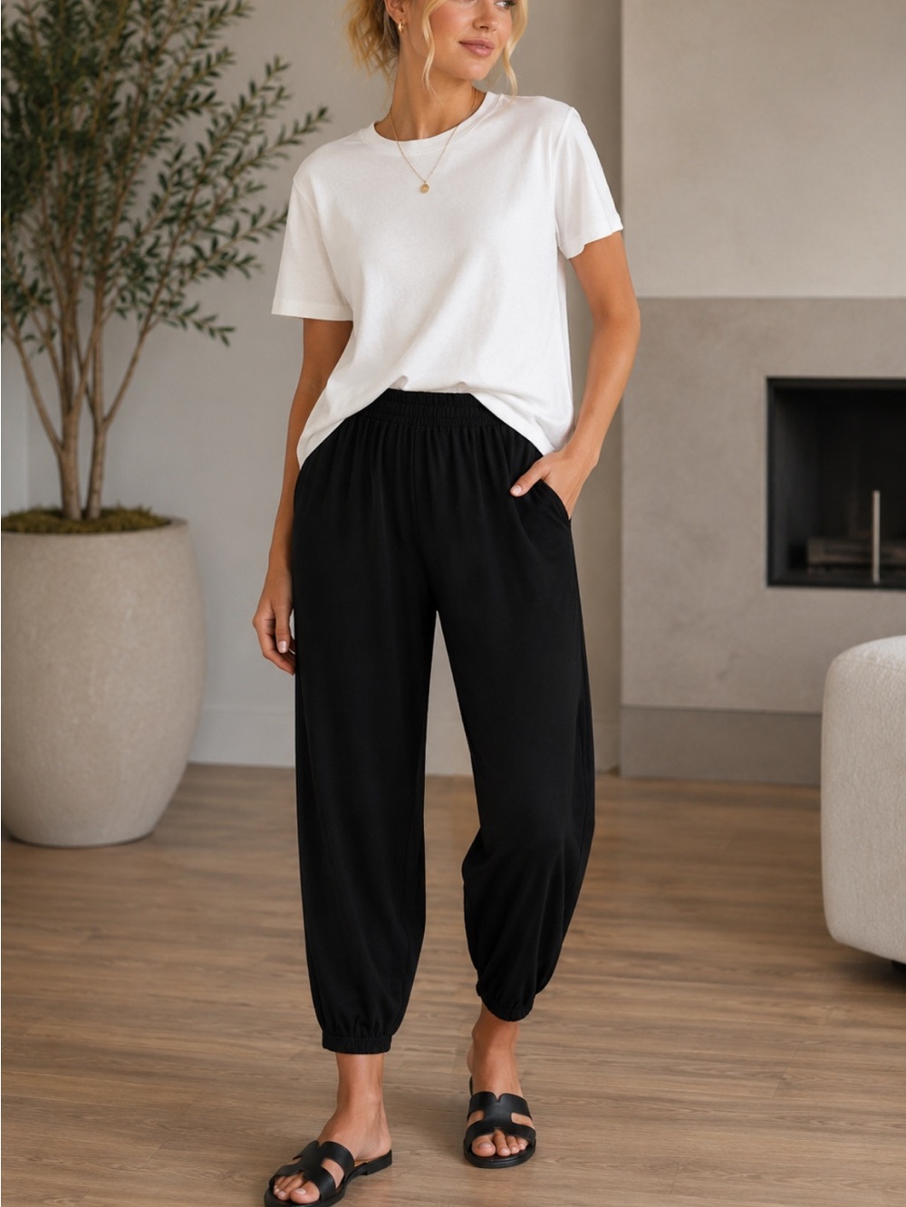 Lisa Bayne Artful Home Black Lounge Jogger Pants Soft Stretch 8078